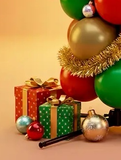 Verpackte Geschenke rund um den Fuß einer Ballonsäule in Weihnachtsfarben