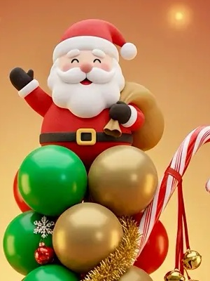 Weihnachtsmann als Spitze über roten, grünen und goldenen Ballons