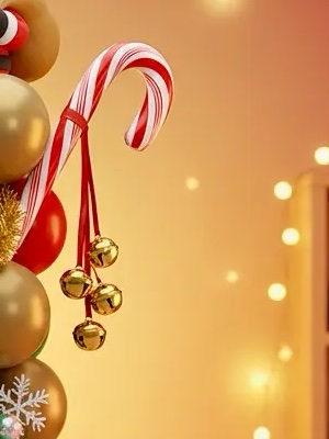 Zuckerstange mit goldenen Glöckchen als Akzent an einem Ballonaufbau