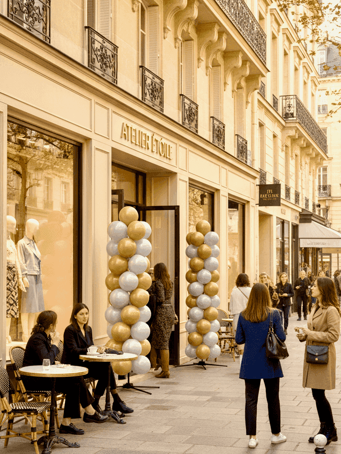 Zwei Ballonsäulen in Gold und Silber neben dem Eingang einer Luxusboutique