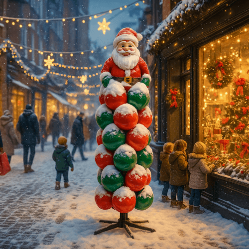 Ballonsäule mit Weihnachtsmann als Spitze, verschneit, vor einem Laden in einer stimmungsvollen Einkaufsstraße