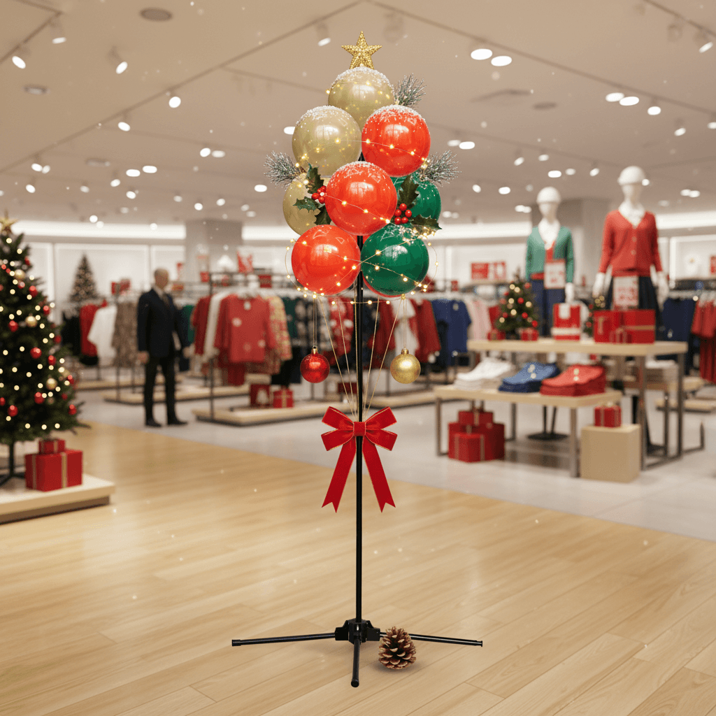 Ballontraube mit roter Schleife und goldenem Stern in einem weihnachtlich geschmückten Bekleidungsgeschäft