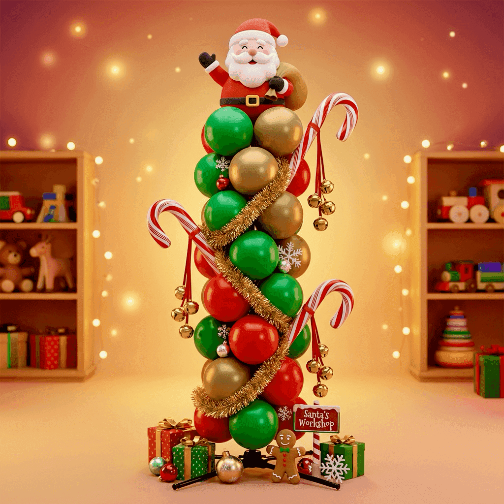 Weihnachtssäule mit roten, grünen und goldenen Ballons, Girlanden und Geschenken in einem Spielzeugladen