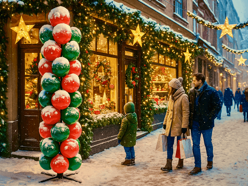 Ballonsäule mit Weihnachtsmann als Spitze, verschneit, vor einem Laden in einer stimmungsvollen Einkaufsstraße