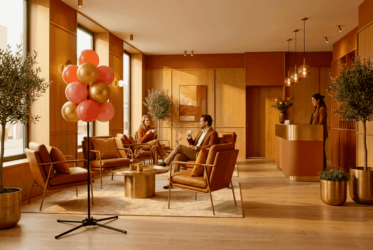 Restaurantinterieur mit warmem Licht und Ballondekoration an der Bar