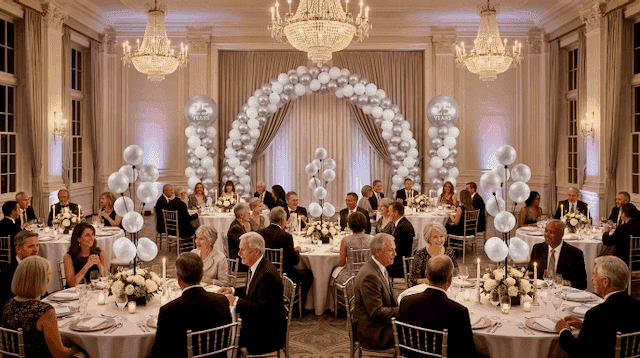 Festlich gedeckter Hotelsaal mit goldener Ballondekoration an den gedeckten Tischen