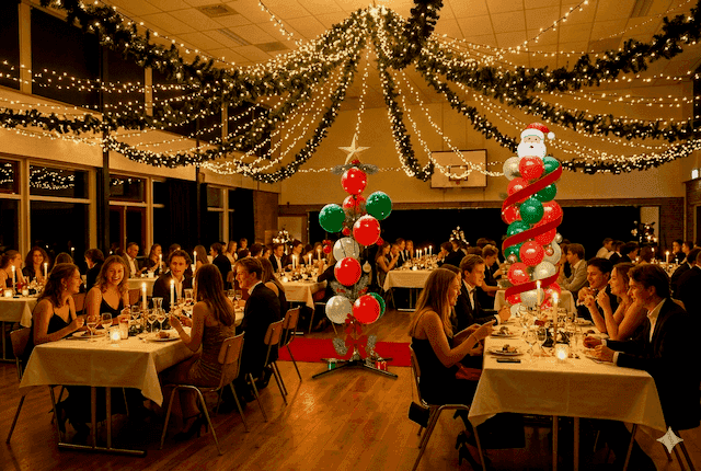 Weihnachtsgala in einem Saal mit Lichtern, Grün und zwei Ballonsäulen in Weihnachtsfarben