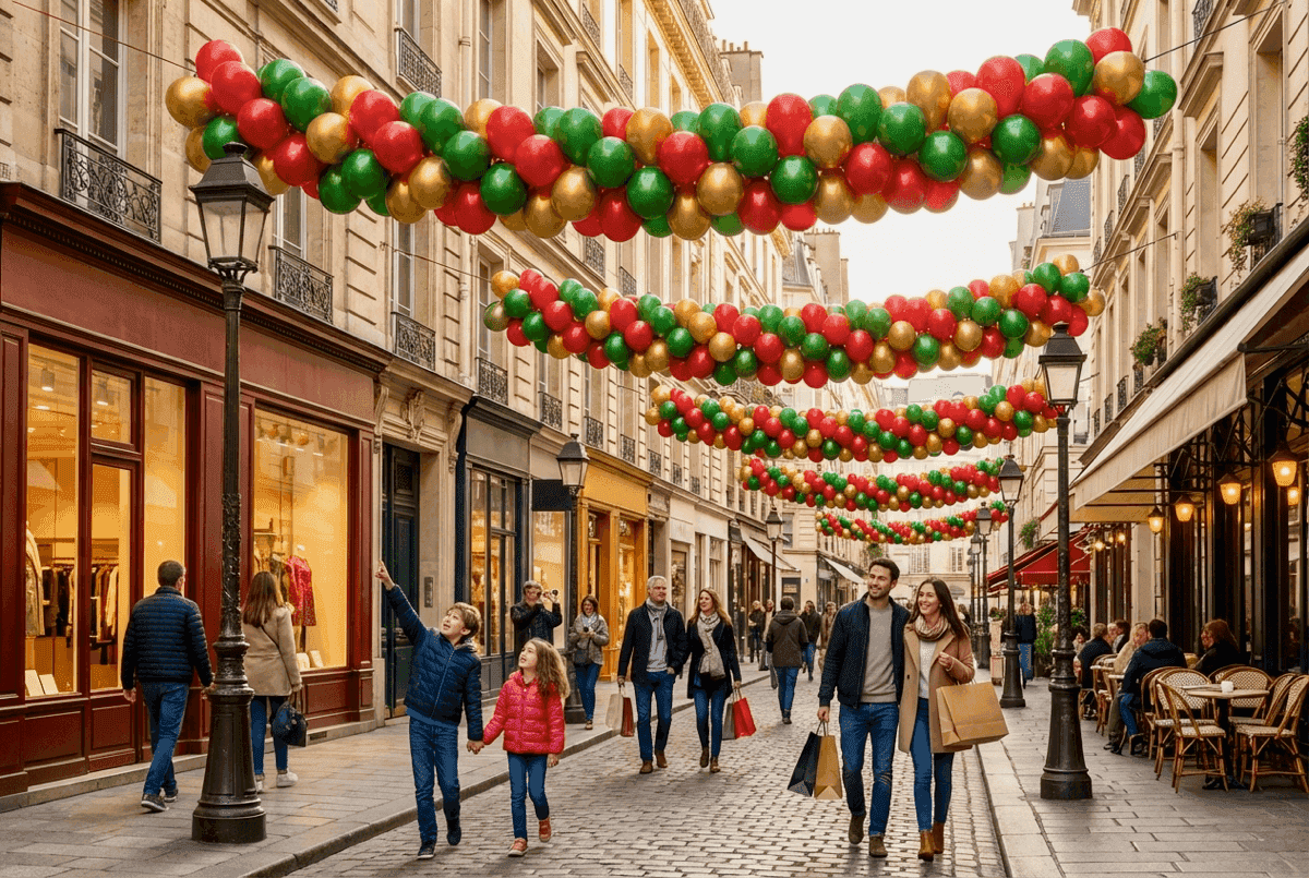 Girlanden aus roten, grünen und goldenen Ballons über einer belebten Einkaufsstraße