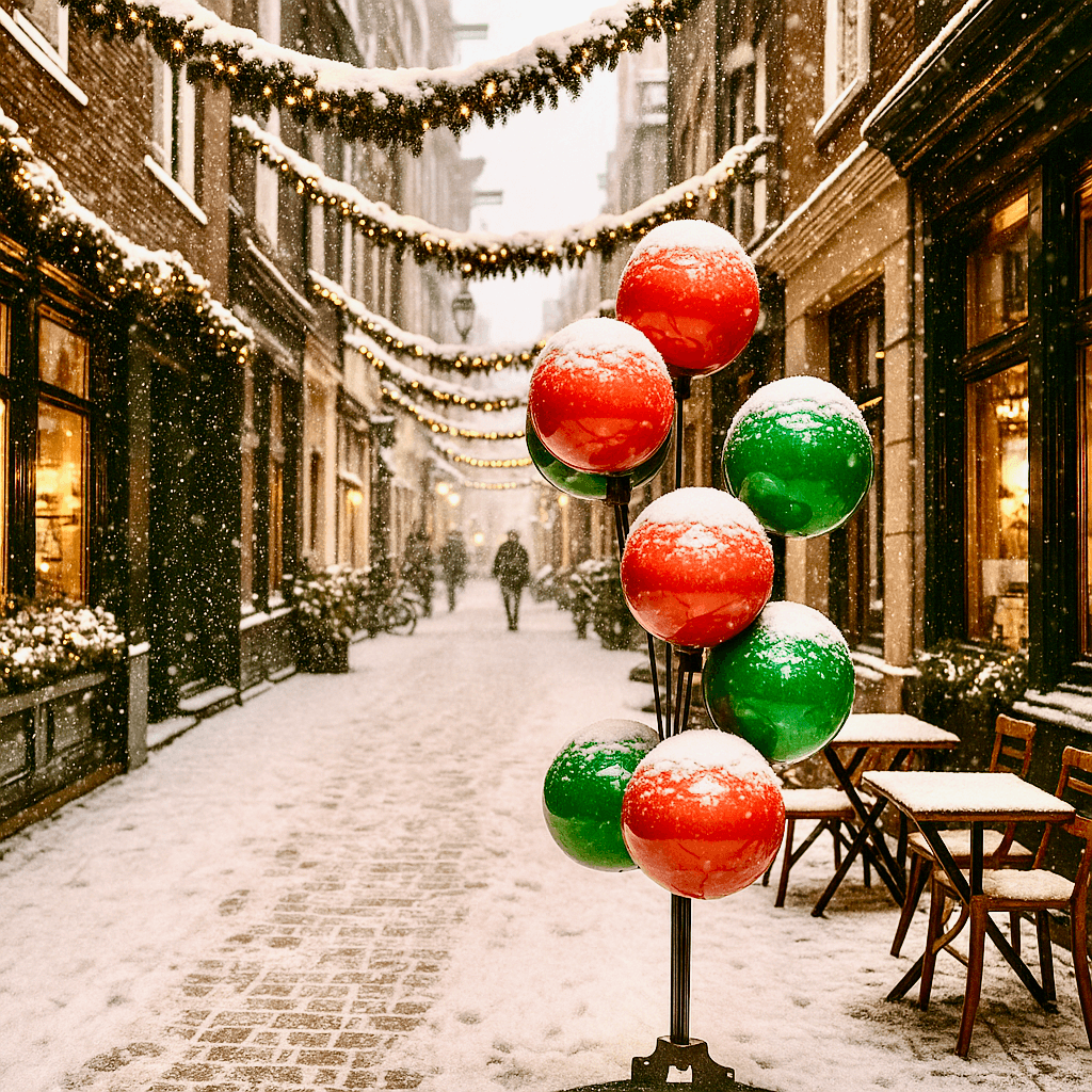 Ballonbrunnen mit schneebedeckten roten und grünen Bällen in einer Einkaufsstraße bei Schneefall