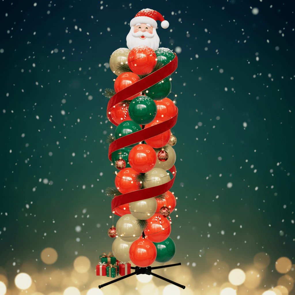 Ballonsäule in Rot, Grün und Gold mit rotem Band, Lichterkette und einer Weihnachtsmannfigur obenauf