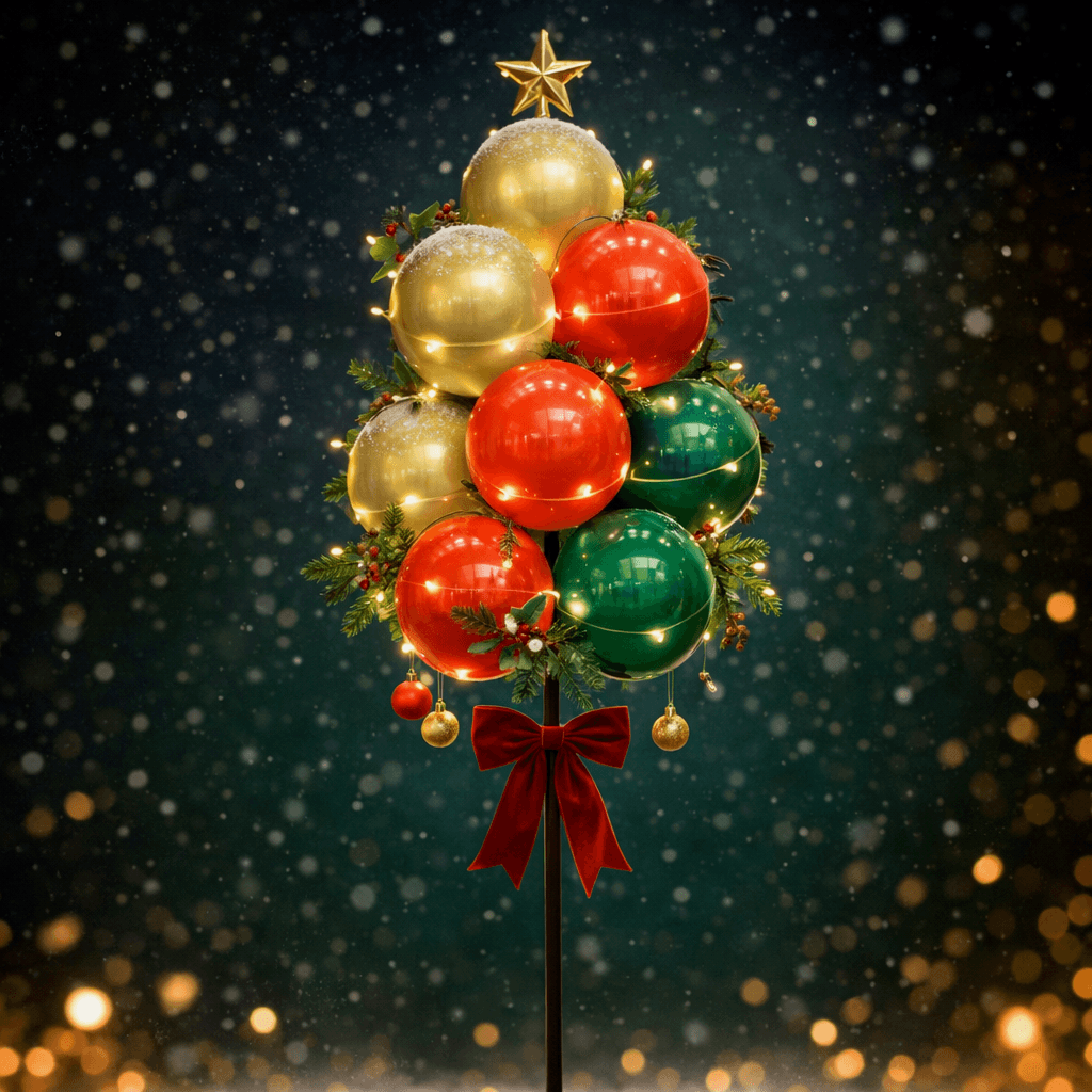 Ballontraube in Form eines kleinen Weihnachtsbaums mit goldenen, roten und grünen Bällen, Lichterkette und goldenem Stern